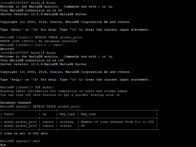 Lỗi service mysql không thể start:[ERROR] mysqld: Table ‘./mysql/global_priv’ is marked as crashed