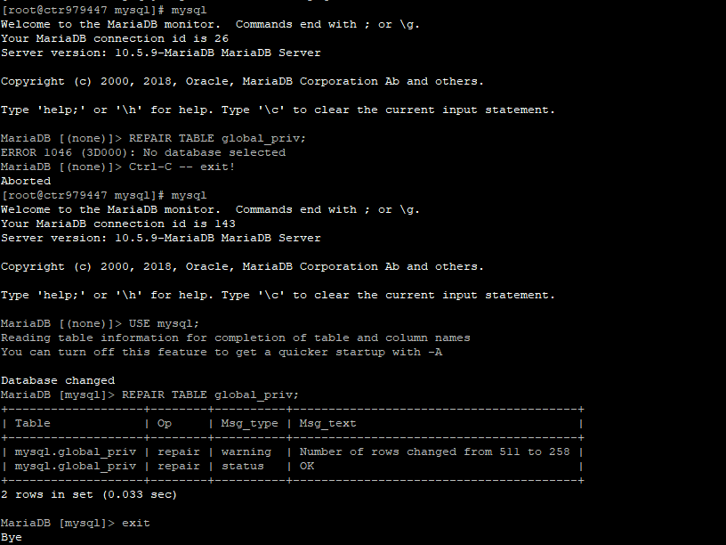 Lỗi service mysql không thể start:[ERROR] mysqld: Table ‘./mysql/global_priv’ is marked as crashed